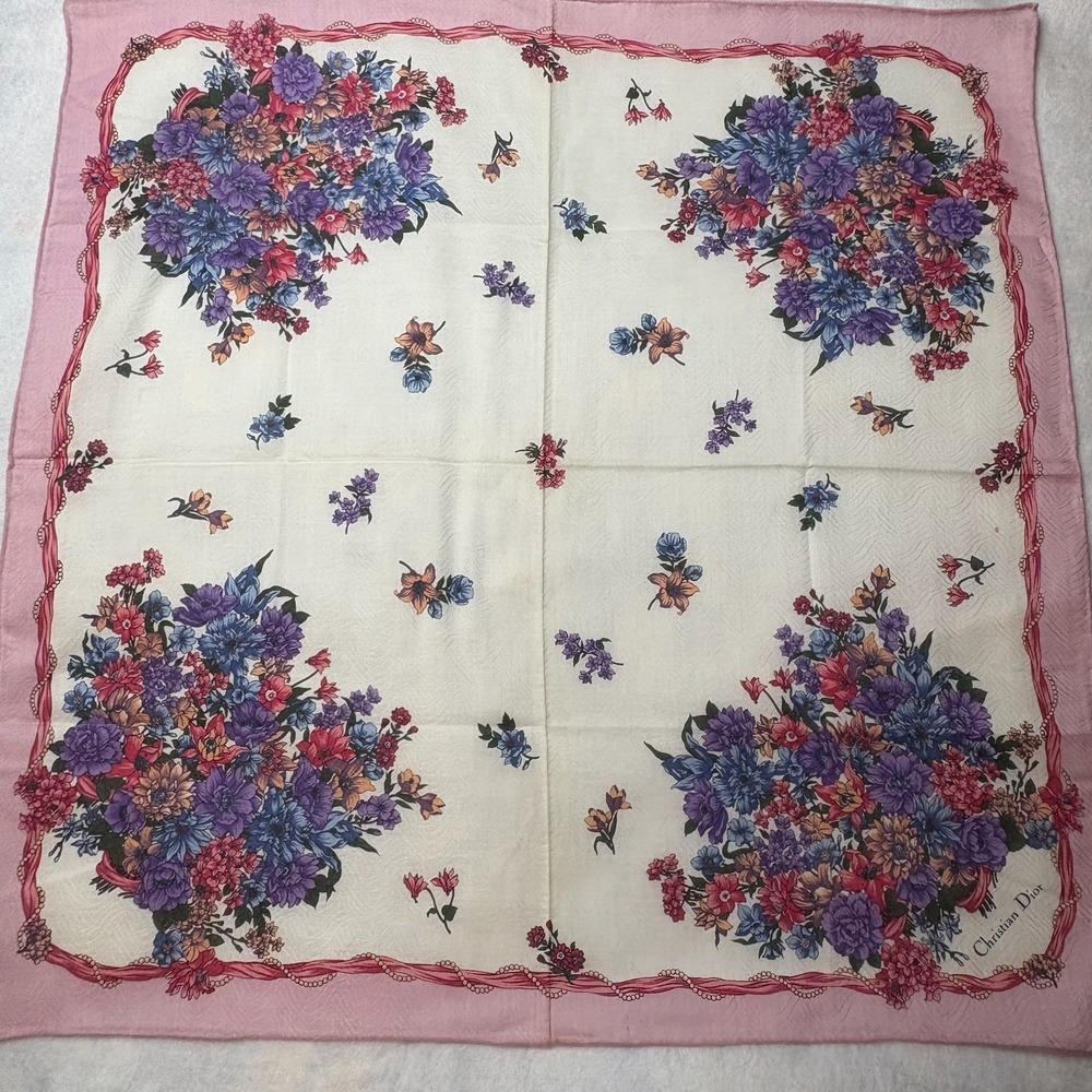 Vtg CHRISTIAN DIOR Scarf Handkerchief Floral Bouquet Jacquard  Pink Cream 20.5"